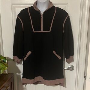 Medium Oversized Women's Black Pullover Top with Taupe Trim Half Zip